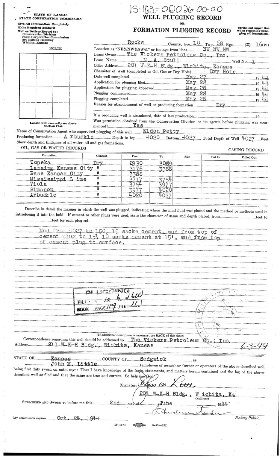 A 1944 State Corporation Commission well plugging record for M. A. Stull well No. 1, with the API number 15-163-00026-00-00 written by hand across the top and the plugging details typed and signed.