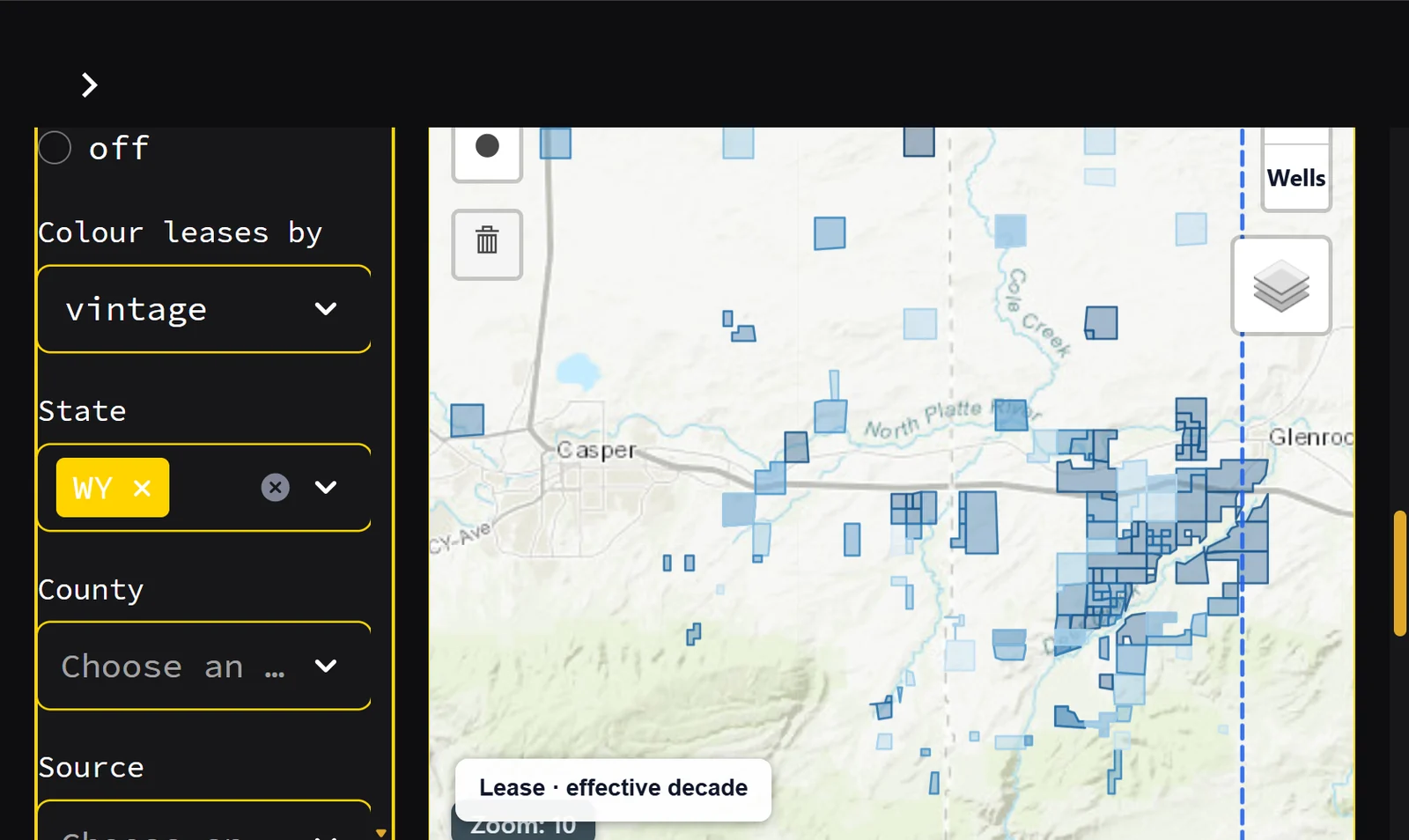 Leases around Casper coloured by effective decade