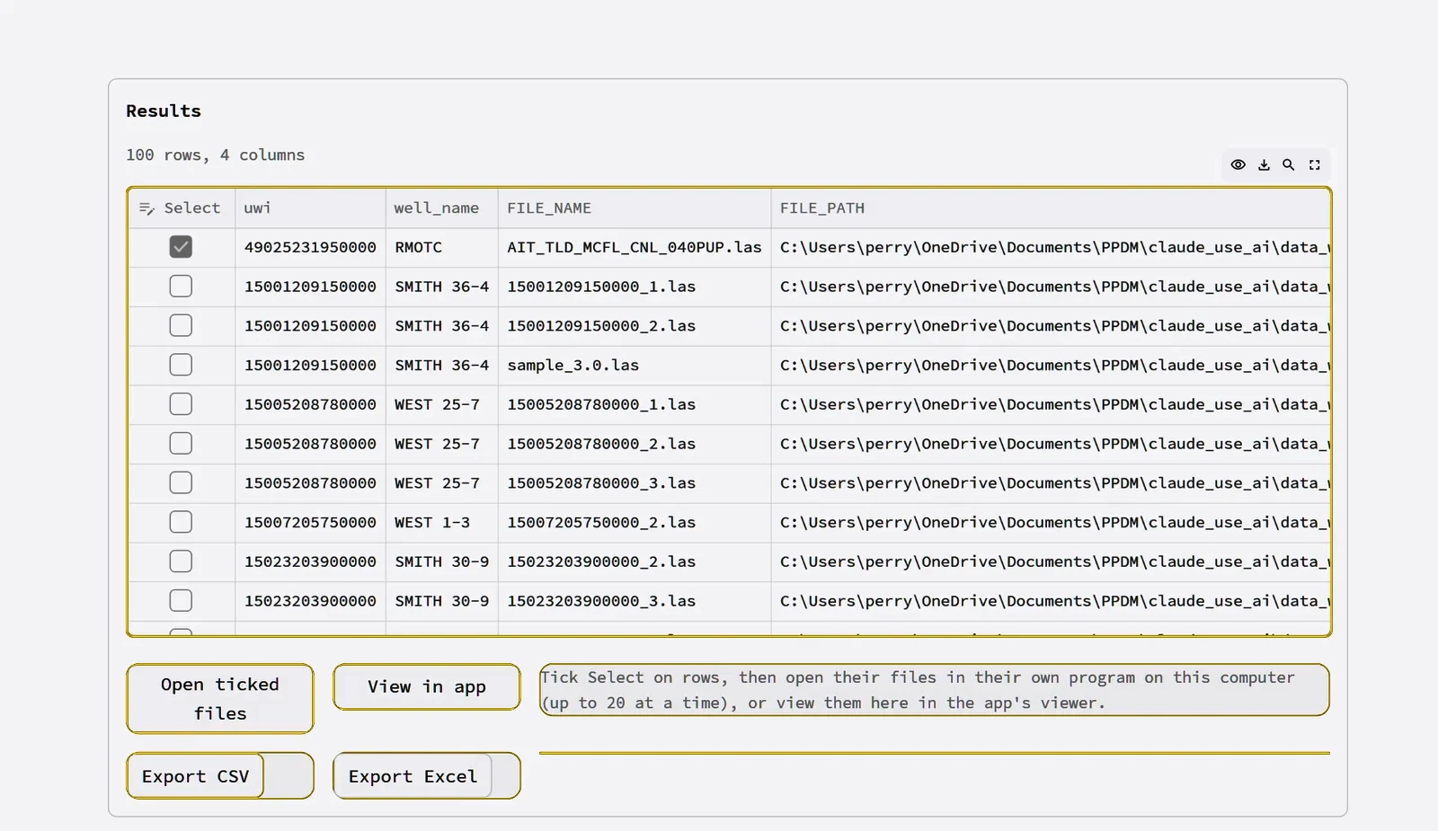Query results with Select boxes and open, view and export buttons