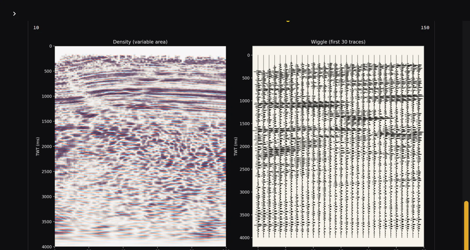 Seismic section in variable-area and wiggle displays