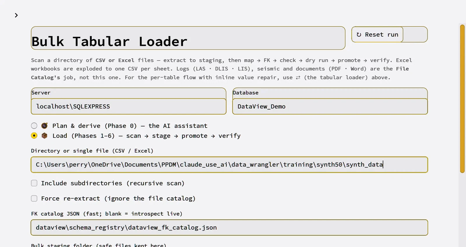 Bulk Tabular Loader page with a folder path entered