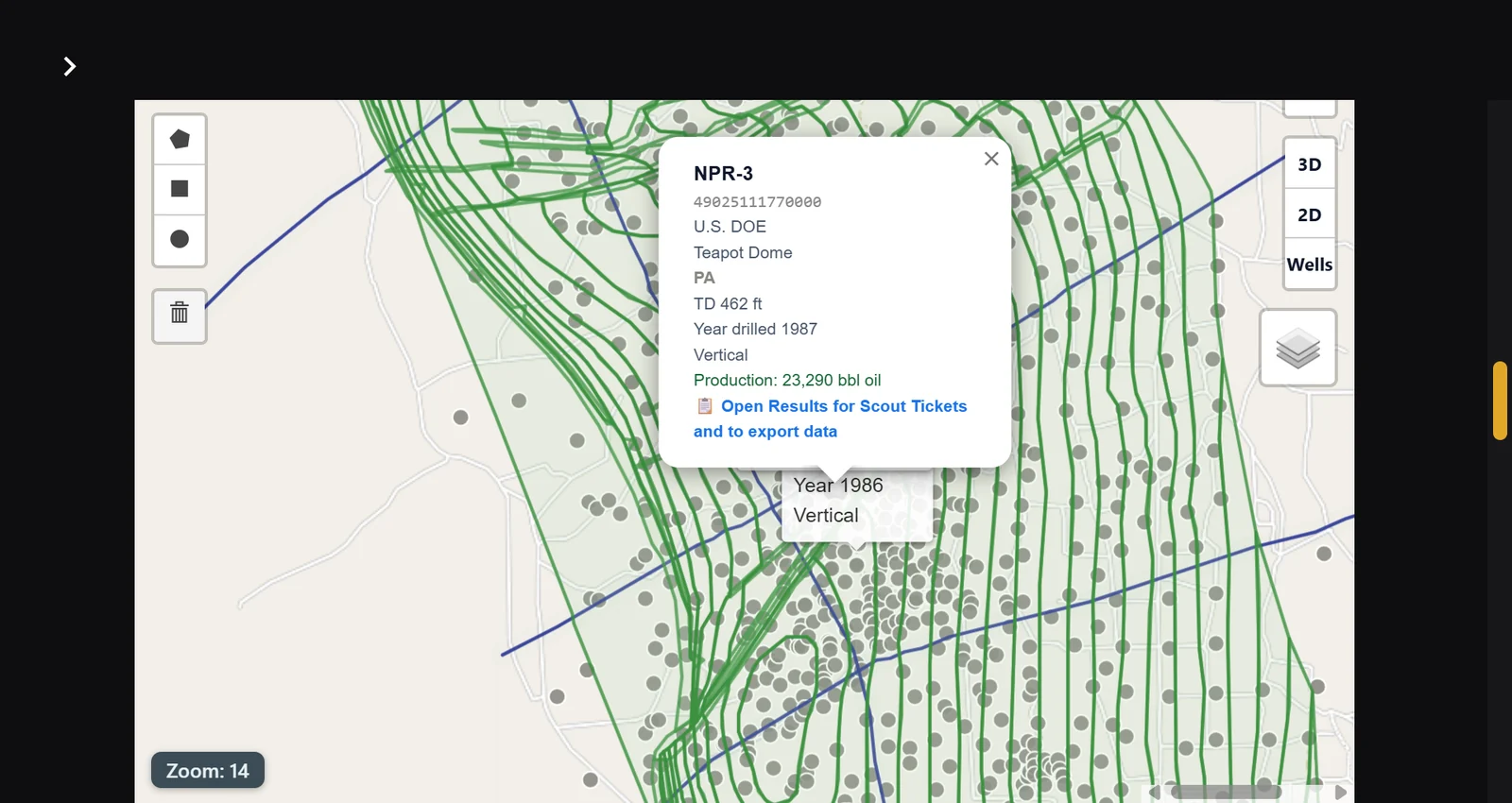 Well popup on the map with production totals
